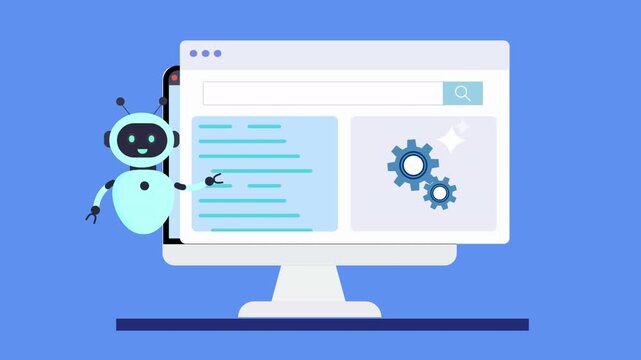 Desktop monitor showing automation interface with AI assistant robot, workflow panel, and settings controls, representing artificial intelligence support and software automation.

