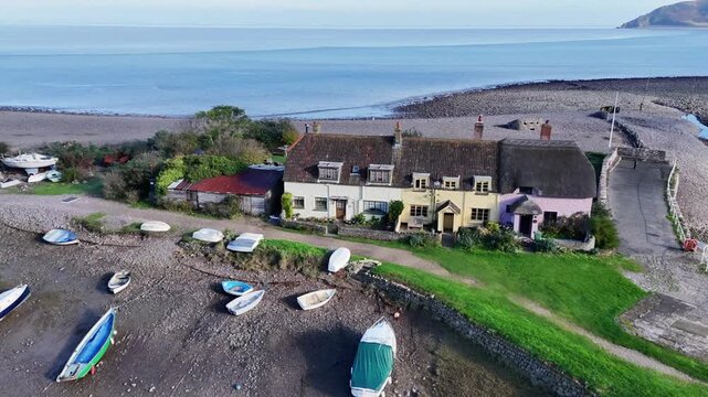 Aerial view over Porlock Weir from a drone 4K video