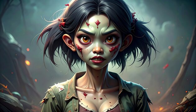 Zombie Girl Portrait with Intense Gaze in Dark Fantasy Setting.