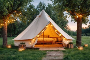 Luxury bell tent glamping at sunset enjoying nature