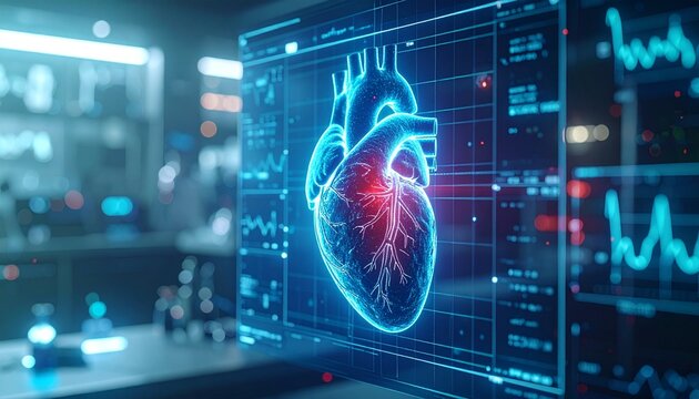 Futuristic digital illustration of a heart on a monitor, showcasing a glimpse into modern medical technology