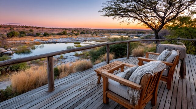 Luxury safari lodge terrace overlooking namibia savanna sunset