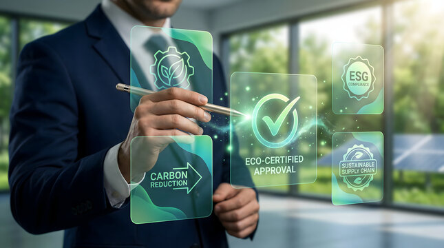 Business executive activating eco-certified approval and sustainable supply chain protocols