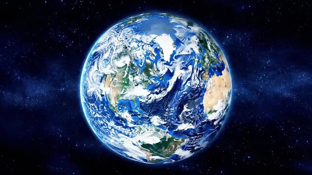 A high-resolution image of the Earth from space, showcasing its blue oceans, white clouds, and green landmasses against a dark background