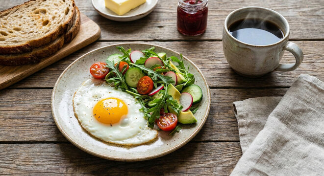 Healthy breakfast with fried egg fresh green salad and coffee cup.