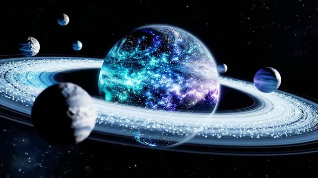 A blue planet with a ring system and multiple moons in space