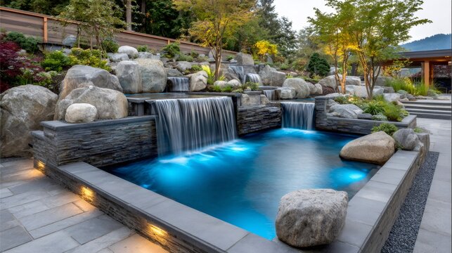 Landscaped water garden with multiple waterfalls and illuminated pool