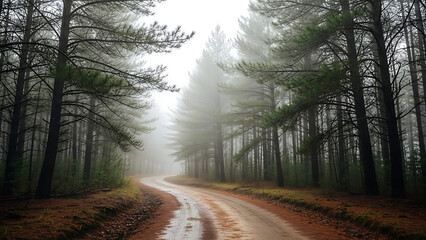 Fototapeta premium Misty Forest Path Adventure, Nature Trail, Serene Environment, Landscape Photography, Peaceful Ambience