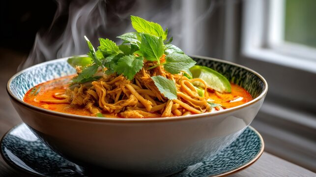 Steaming hot khao soi northern thai noodle curry soup