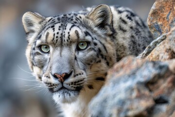 Fototapeta premium Snow leopard eyes watching in rocky terrain