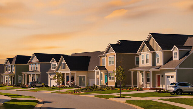 Suburban Neighborhood Street with Row of Houses Under Warm Sunset Sky