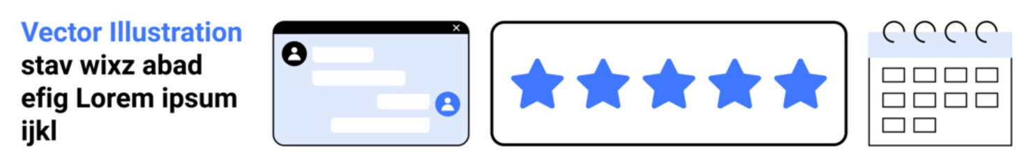 Obraz premium User experience, design tools, communication apps, task scheduling, reviews, productivity. Chat interface, star rating calendar icons. User experience and design tools concept