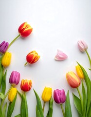 Obraz premium A vibrant arrangement of tulips in various colors on a white background
