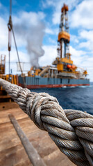 Obraz premium Rope connects to oil drilling rig at sea. A thick rope is tied to an oil drilling rig. The rig is in the ocean under a cloudy sky. Smoke rises from the rig.