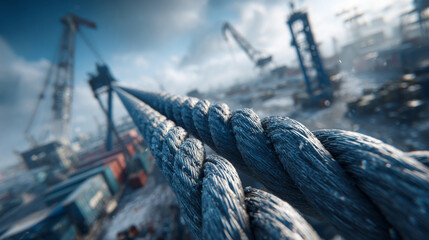 Obraz premium Rope leading to the shipyard in winter. Rope is shown in focus with a shipyard behind it. Cranes and shipping containers are in the background.
