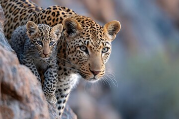 Fototapeta premium Leopard cub and mother moving on rocks