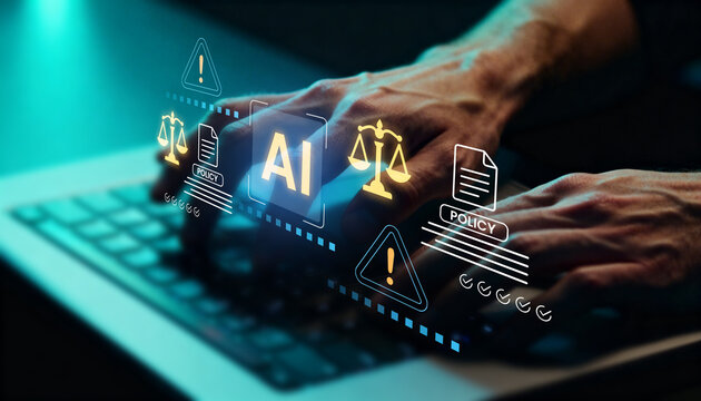 Artificial intelligence law and ethics concept. Man typing on laptop with digital interface of AI regulation, policy, and justice scales. Compliance standards for responsible technology