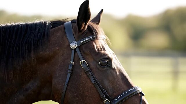 Closeup of a horse wearing a bridle