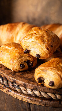 Delicious chocolate croissants are beautifully arranged on a rustic wooden platter, showcasing flaky layers and rich filling, stories templates with copy space