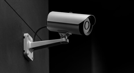 A detailed view of a contemporary surveillance camera attached to a dark wall with a sturdy metal bracket.