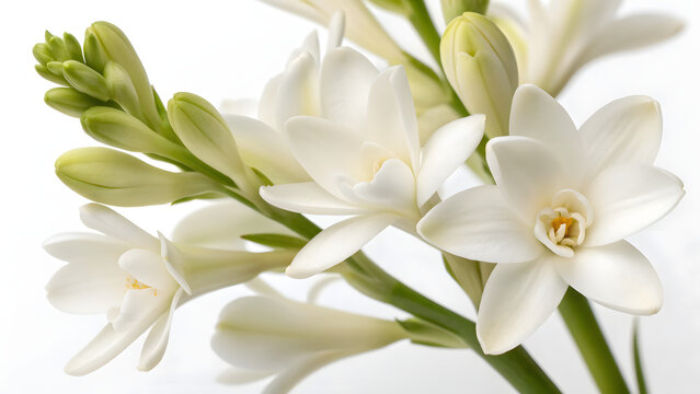A close up of tuberose flowers showing delicate petals