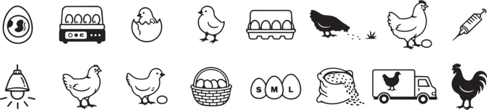 Chicken Farming Lifecycle and Process Line Icons &ndash; Minimalist Poultry Education Set