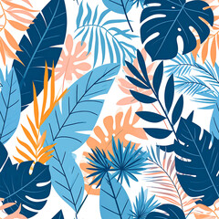 Tropical leaf pattern blue, light blue, orange leaves on white. Dense, stylized jungle botanical illustration