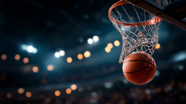 Hoop shot in game night. A basketball is above the hoop during a game. The crowd in the arena is watching and cheering.