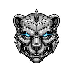 Fototapeta premium Robotic Bear Head with Glowing Blue Eyes, Esport Mascot Logo on an Isolated White Background
