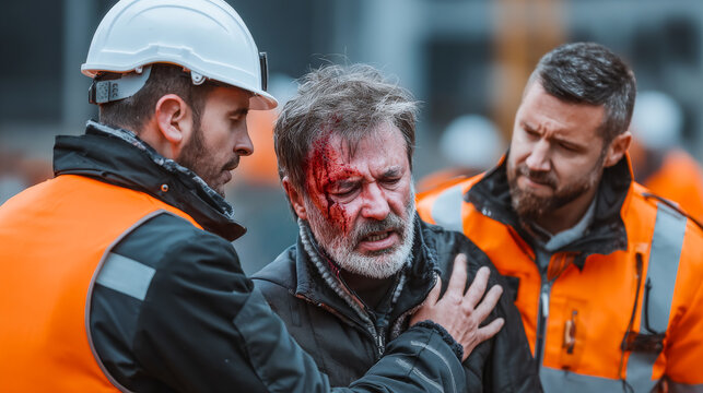 Workers aid injured man onsite. Two workers help a man who is injured and bleeding at a construction site. It appears to be a serious situation.