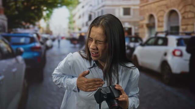 Young hispanic woman clutching chest holding dslr camera on busy city street after sudden chest pain for heartattack; panic concern.