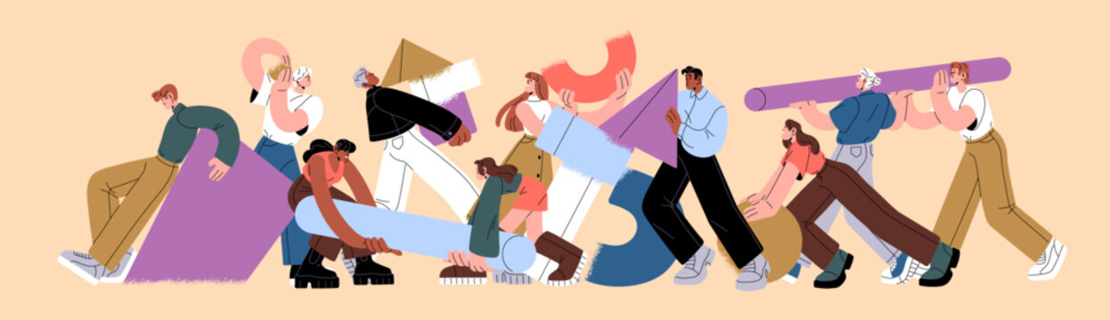 Teamwork concept banner. Team achieves aims, works together. Employees' group carries geometric shapes for building, creating in collaboration. Business partnership. Flat isolated vector illustration.