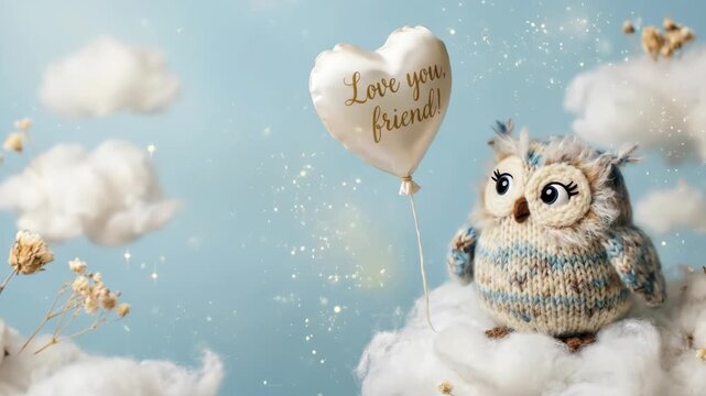 Cute knitted owl holding a heart balloon with ?Love you, friend!? message for friendship concept