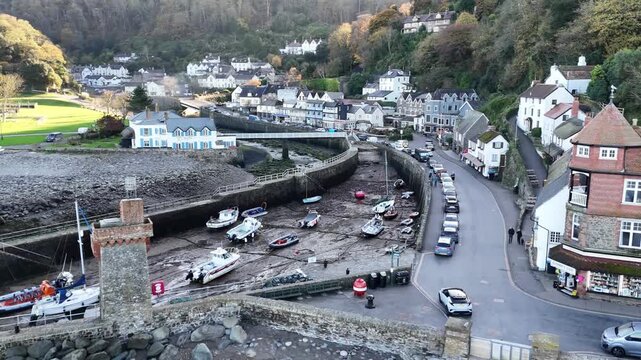 Aerial view over Lynmouth from a drone 4K video