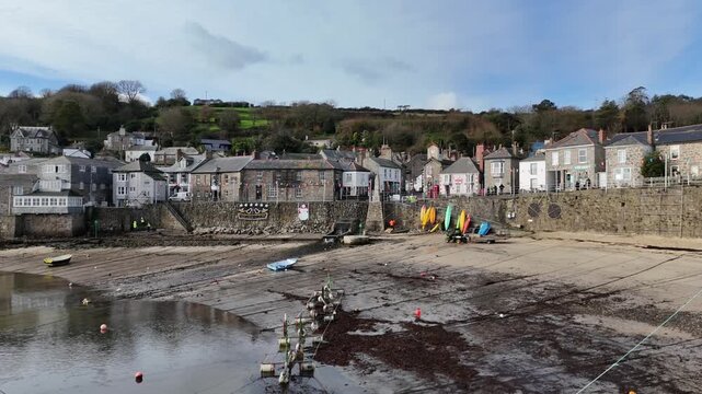 Aerial view Over Mousehole Harbour In Cornwall, UK.