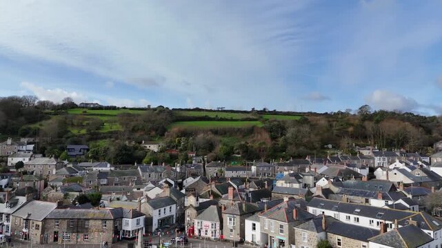 Aerial view Over Mousehole Harbour In Cornwall, UK.