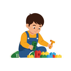 A young boy playing with colorful building blocks and toy hammer. © Arunika