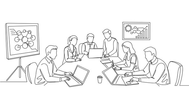 Line drawing of a diverse group of people collaborating in a meeting room around a table with laptops and a projector on a transparent background