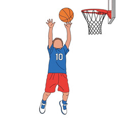 Young basketball player jumping to score a slam dunk. © Arunika