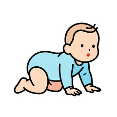 Cute cartoon baby crawling on all fours with surprised expression.
