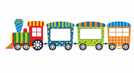 Cartoon vector train with colorful polka dot and striped carriages, blank frames for text, isolated on white