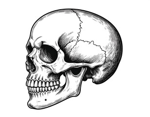 Skull illustration. Cross-hatched drawing depicts a human skull from a side view