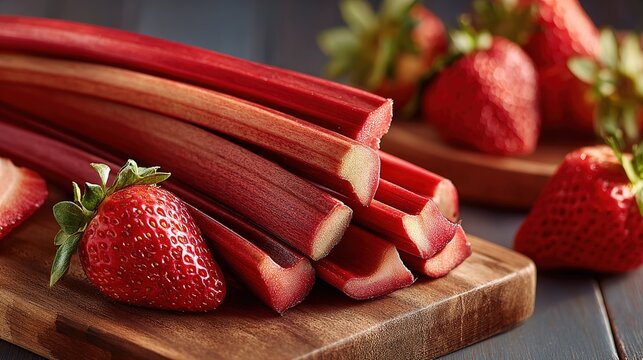 Strawberries and rhubarb arranged on a cutting board in a kitchen setting during daylight hours