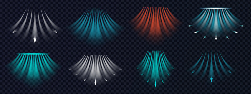 Abstract air arrows showing airflow and wind effect. Blue cool cold light beams, hot red heat flow, conditioner ventilation concept. Vector illustration.