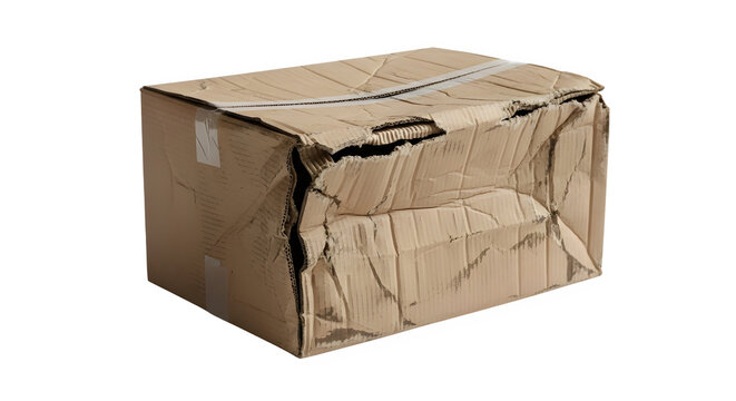 Damaged Brown Cardboard Shipping Box isolated PNG with Transparent Background