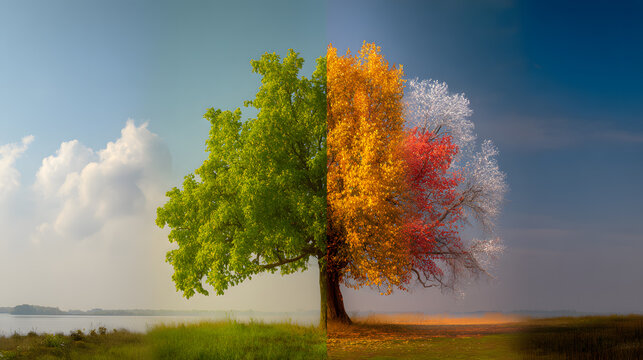Tree changing seasons from green to autumn winter