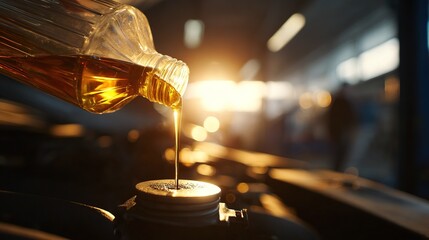 Naklejka premium Oil is poured into a car engine in an auto shop during sunset in a busy garage setting