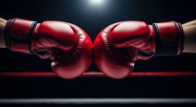 Two boxers in red gloves touch fists before a fight, symbolizing sportsmanship and competition in a dimly lit boxing ring.
