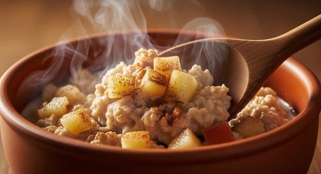 steaming hot oatmeal with diced apples and cinnamon in a rustic bowl