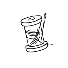 Hand drawn thread spool with needle doodle illustration